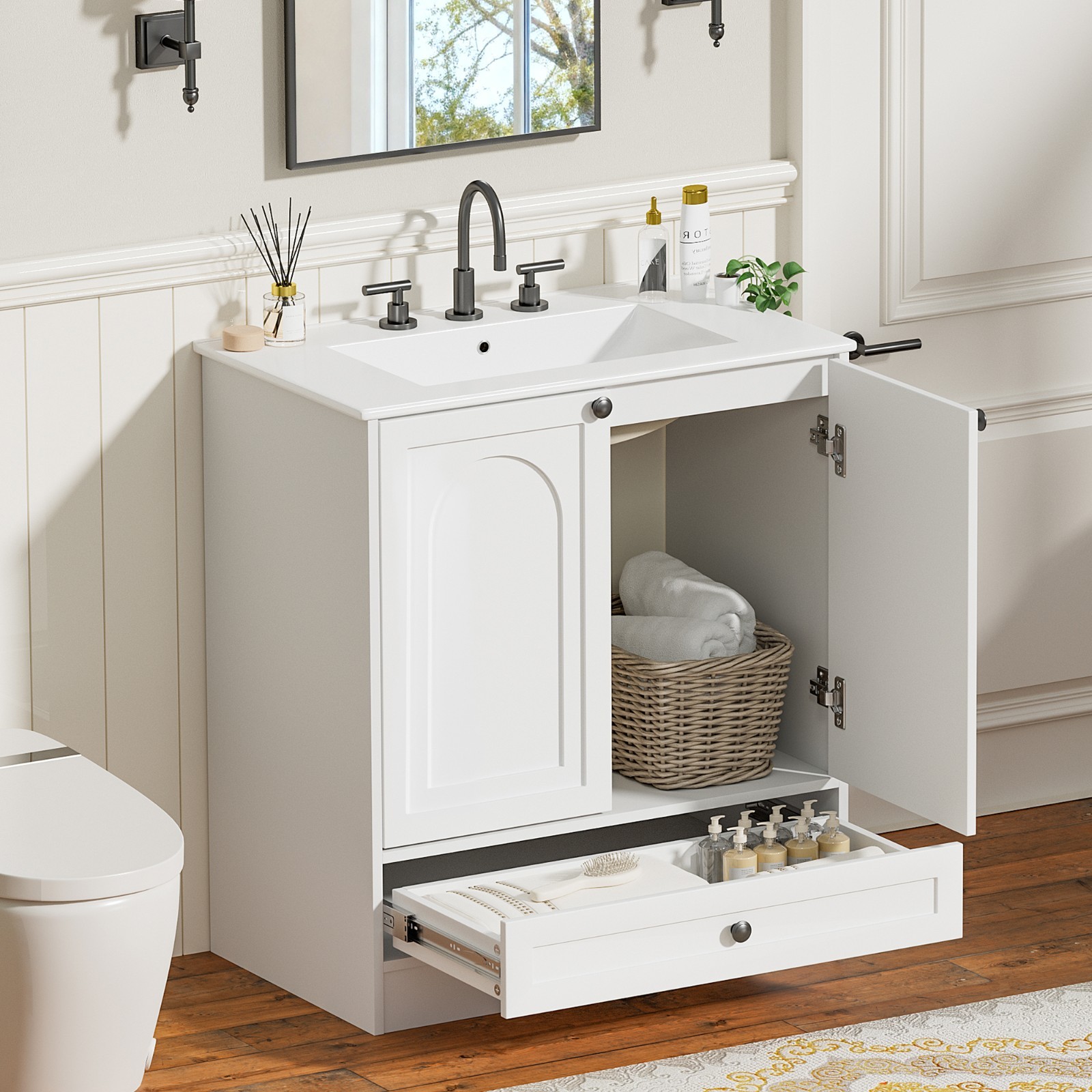 30″ Bathroom Vanity with Sink, Freestanding Bath Vanity Cabinet 2 Doors, Drawer
