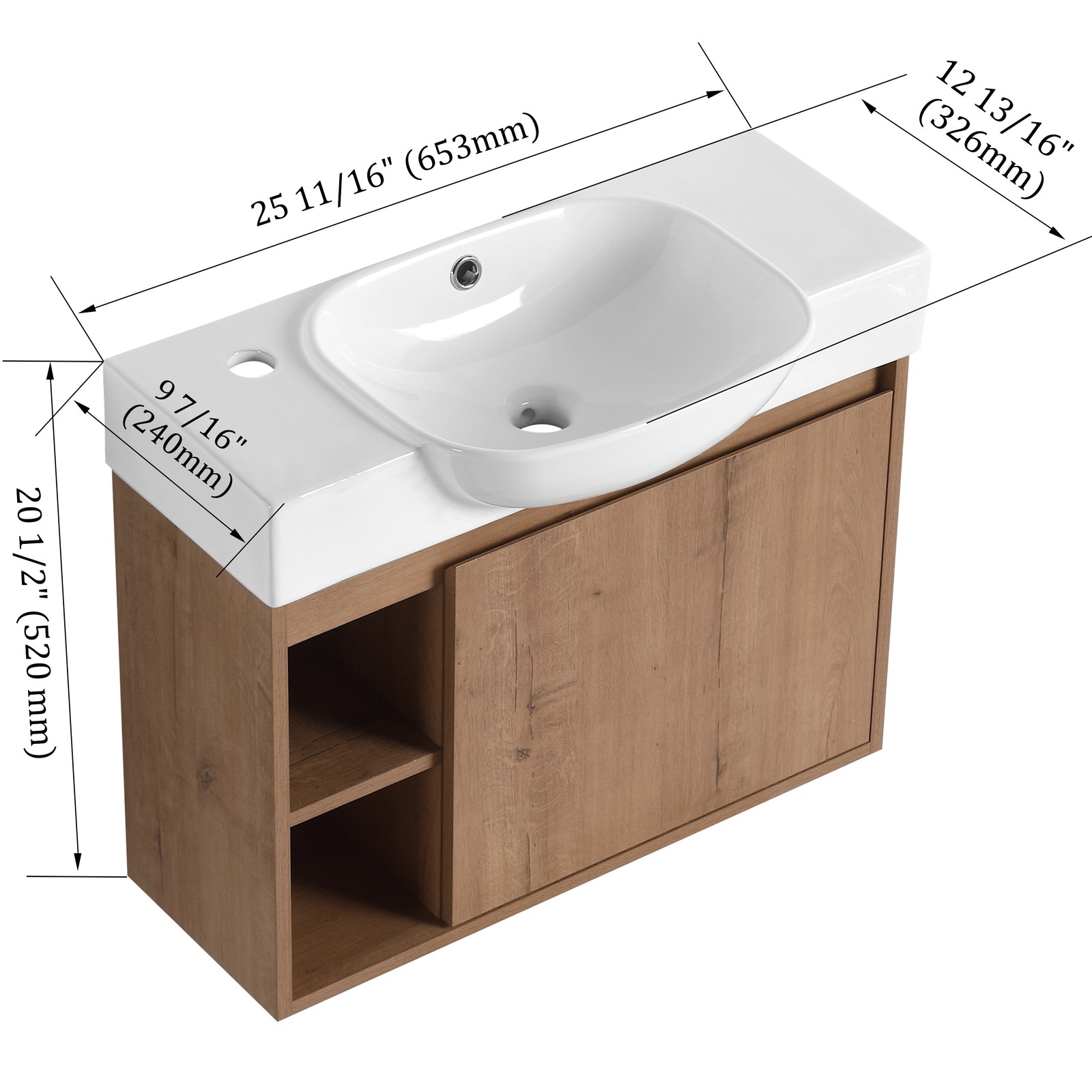 26in Plywood Freestanding Bathroom Vanity W/ Ceramic Sink Basin Door Shelf Oak
