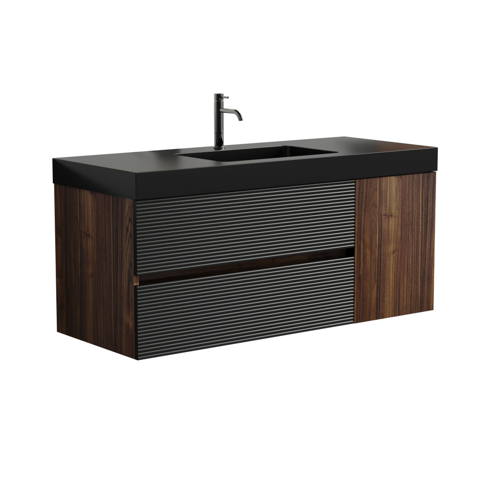 48″ Walnut Bathroom Vanity with Matt Black Engineered Quartz Sink and Soft Black
