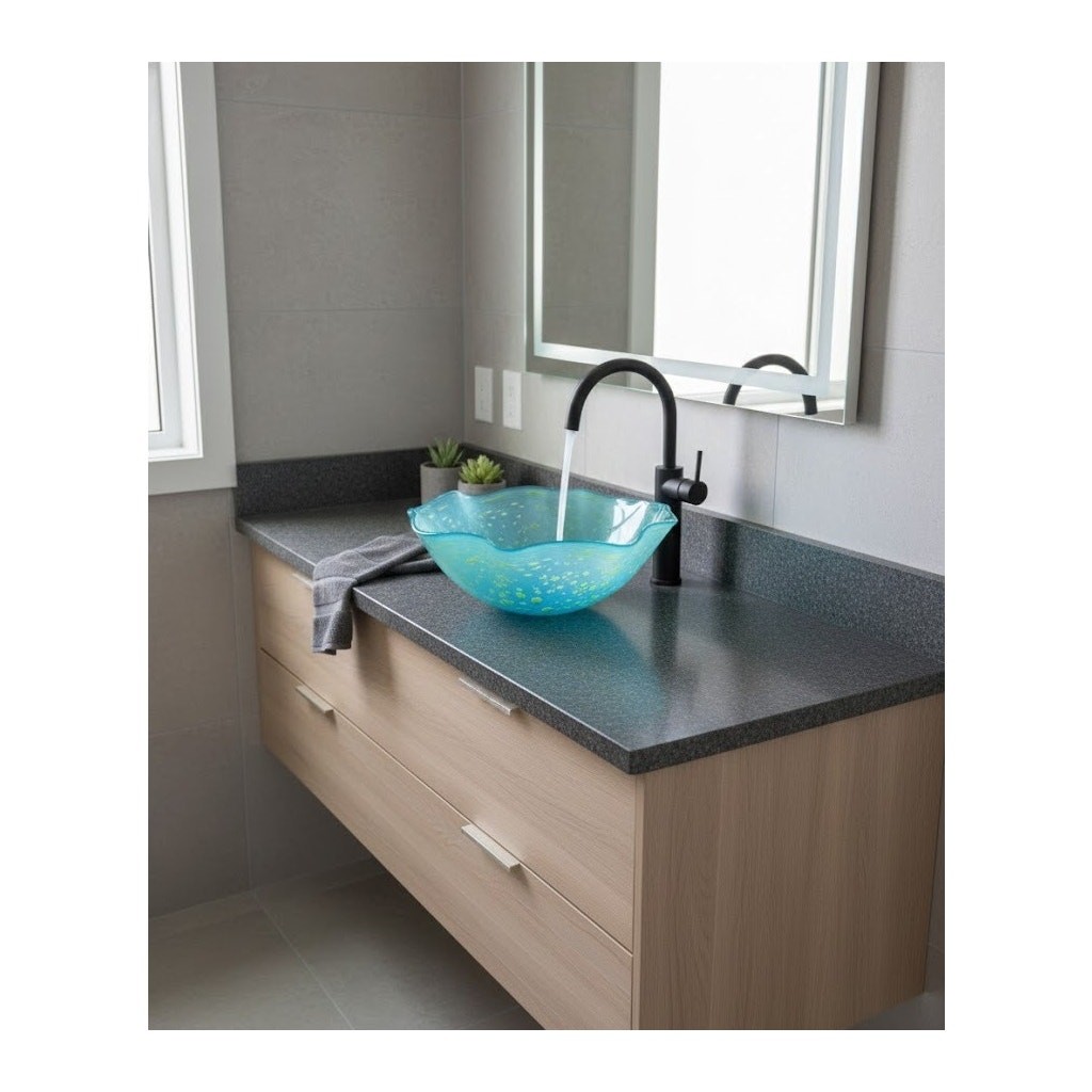 Sink Art Glass Vessel Turquoise Lime Green Swirl Hand Blown Bathroom Basin 22″