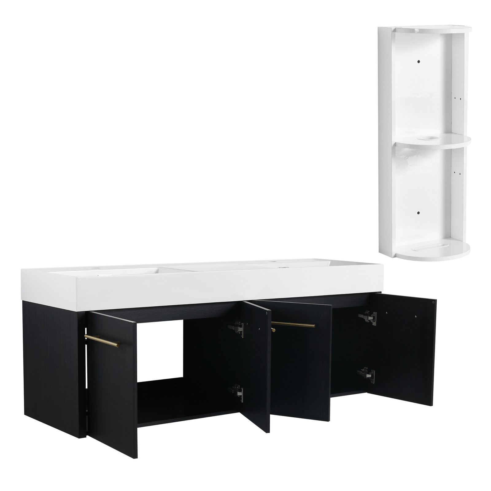 60 In Floating Wall-Mounted Bathroom Vanity Cabinet W/ Double Resin Top Basin