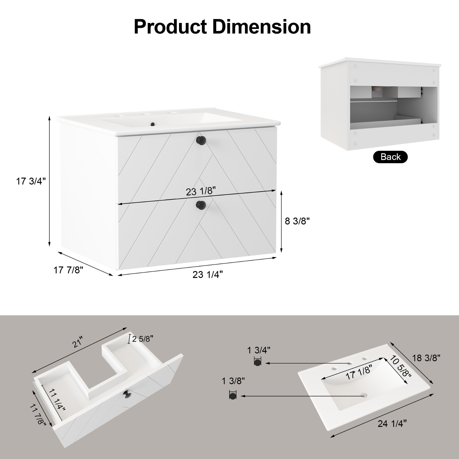 36″ 30″ 24″ Wall Mounted Bathroom Vanity Cabinet with Ceramic Sink Combo White