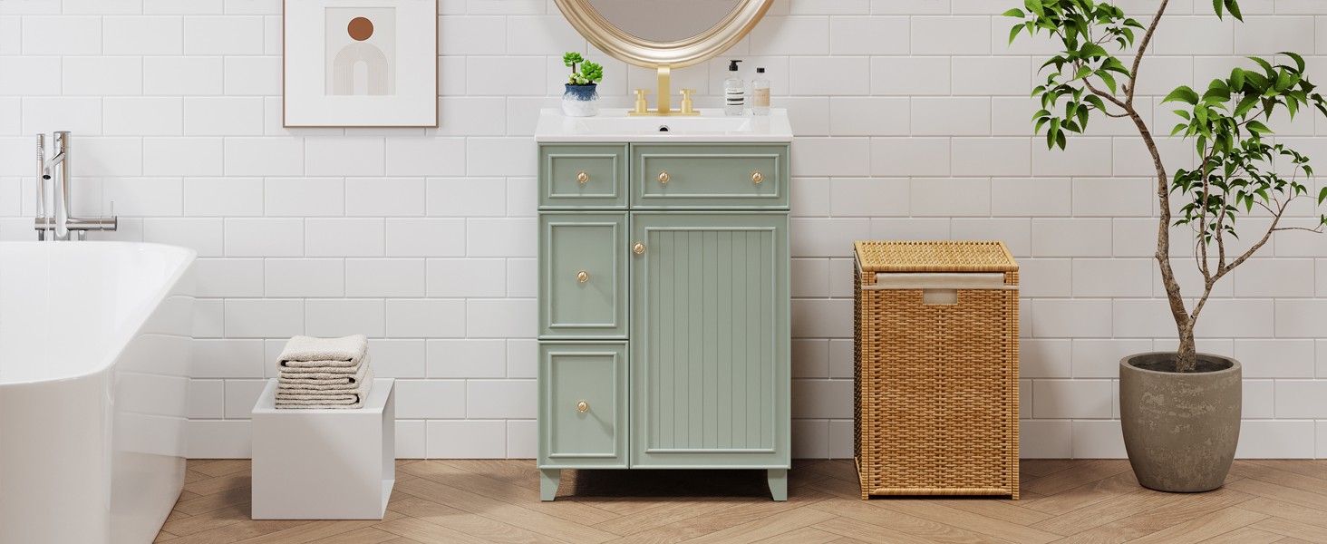 24″ Bathroom Vanity Cabinet with Ceramic Sink, 2 Drawers, 1 Door