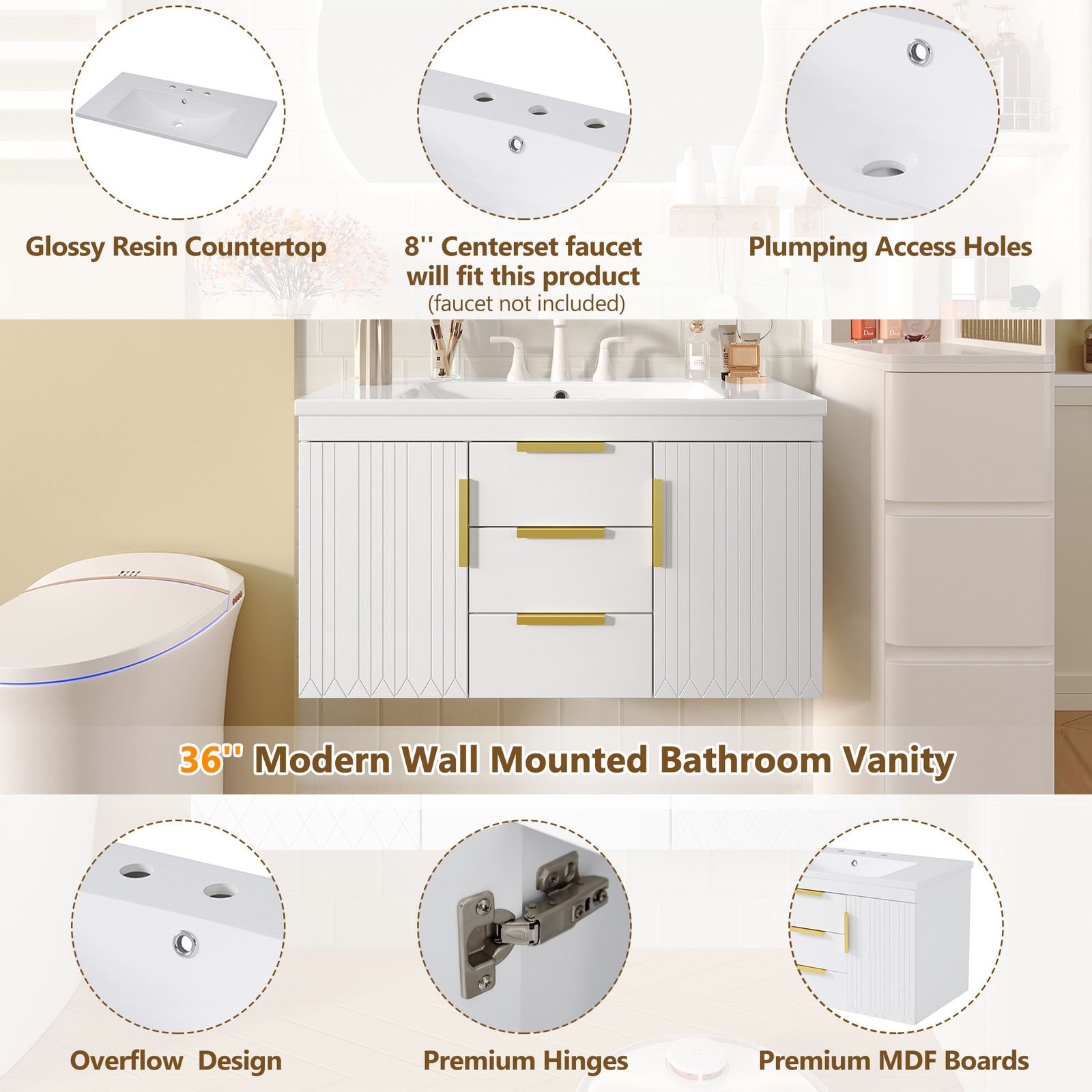 36″ Floating Bathroom Vanity Cabinet with 2 Drawers, Solid Wood, White