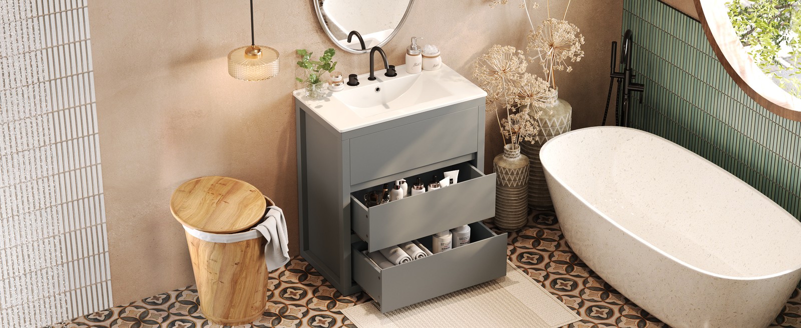 30″ Bathroom Vanity with Ceramic Sink & 2 Drawers, Gray