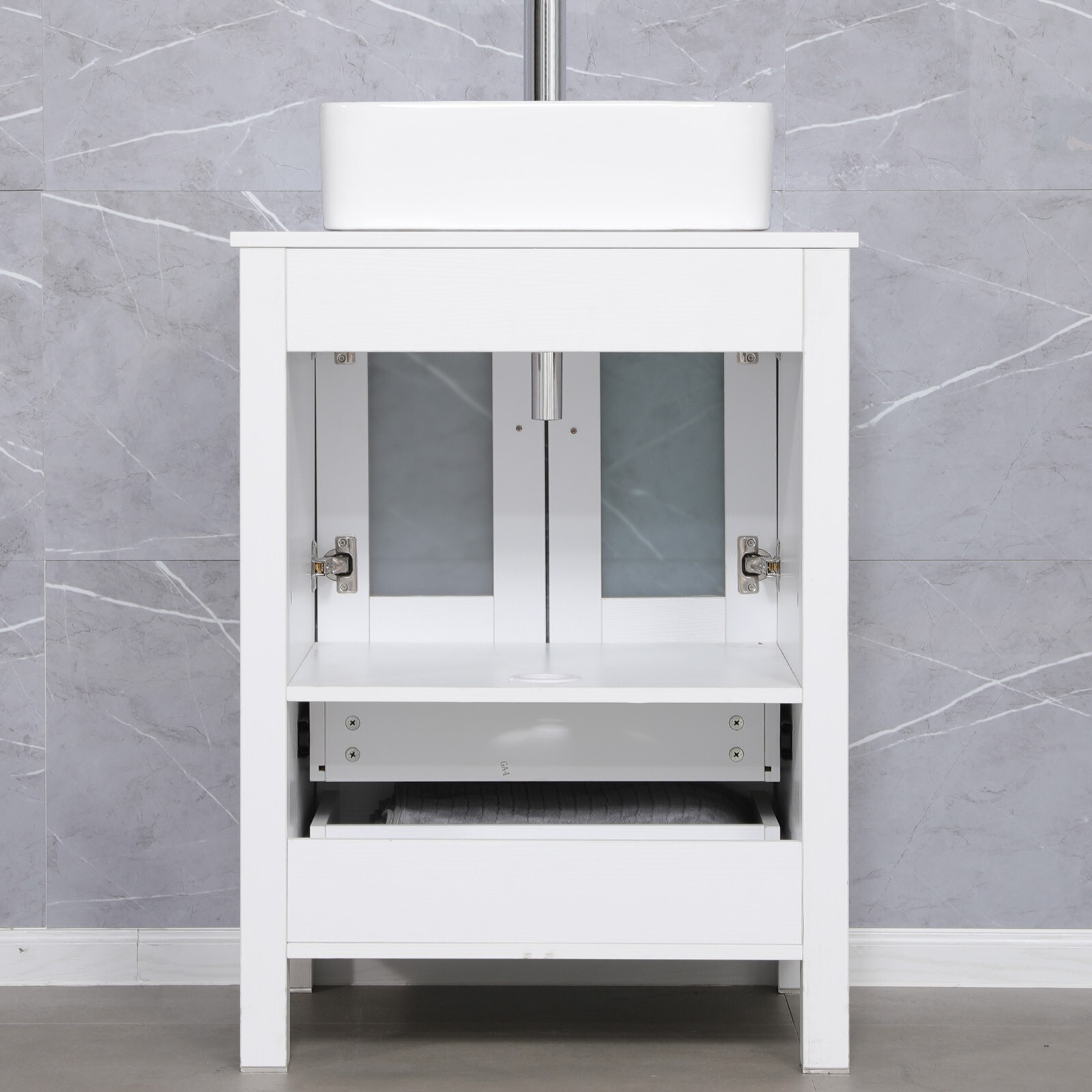24 In White Bathroom Vanity Cabinet Set Vessel Glass Sink Faucet Combo No Mirror