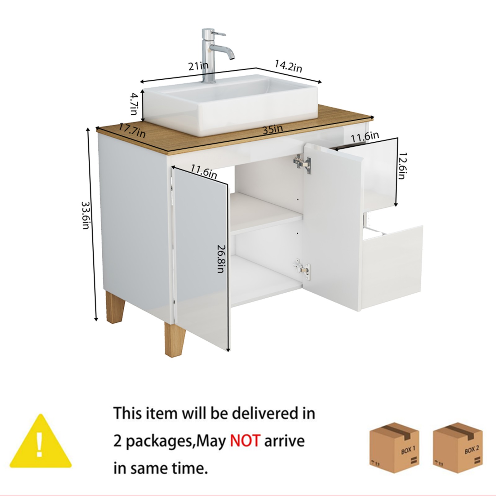 36 Inch Bathroom Vanity with Sink Combo, Glossy White, Solid Wood Top