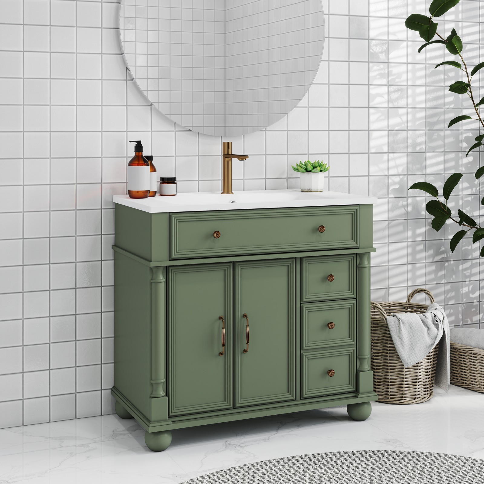 35.6″ Mid-Century Bathroom Cabinet Bathroom Vanity Sink with Roman Column Base