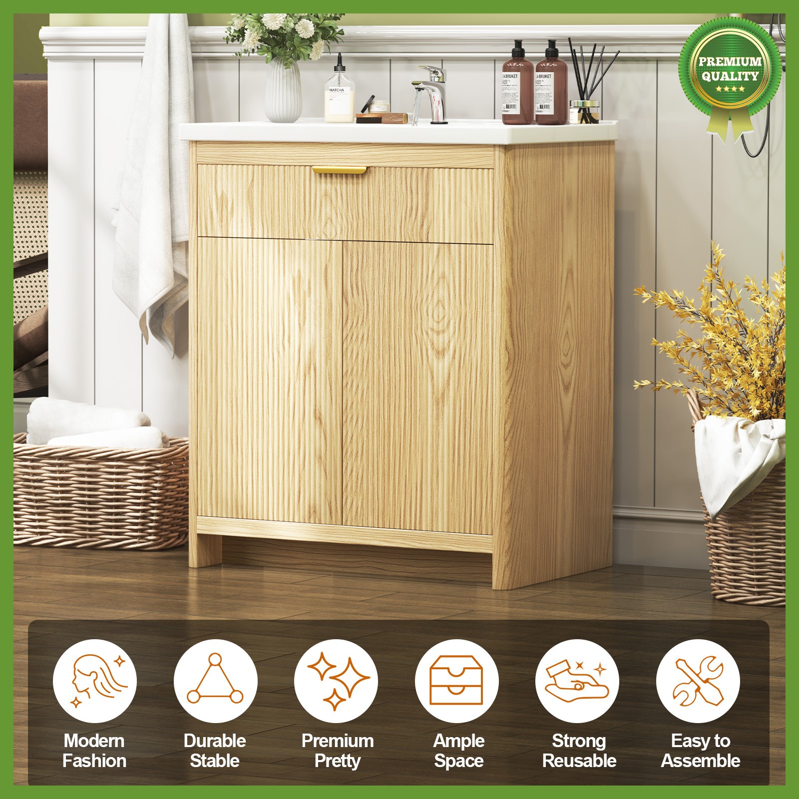 31″ Wooden Freestanding Bathroom Vanity Storage Cabinet & Ceramic Sink Modern