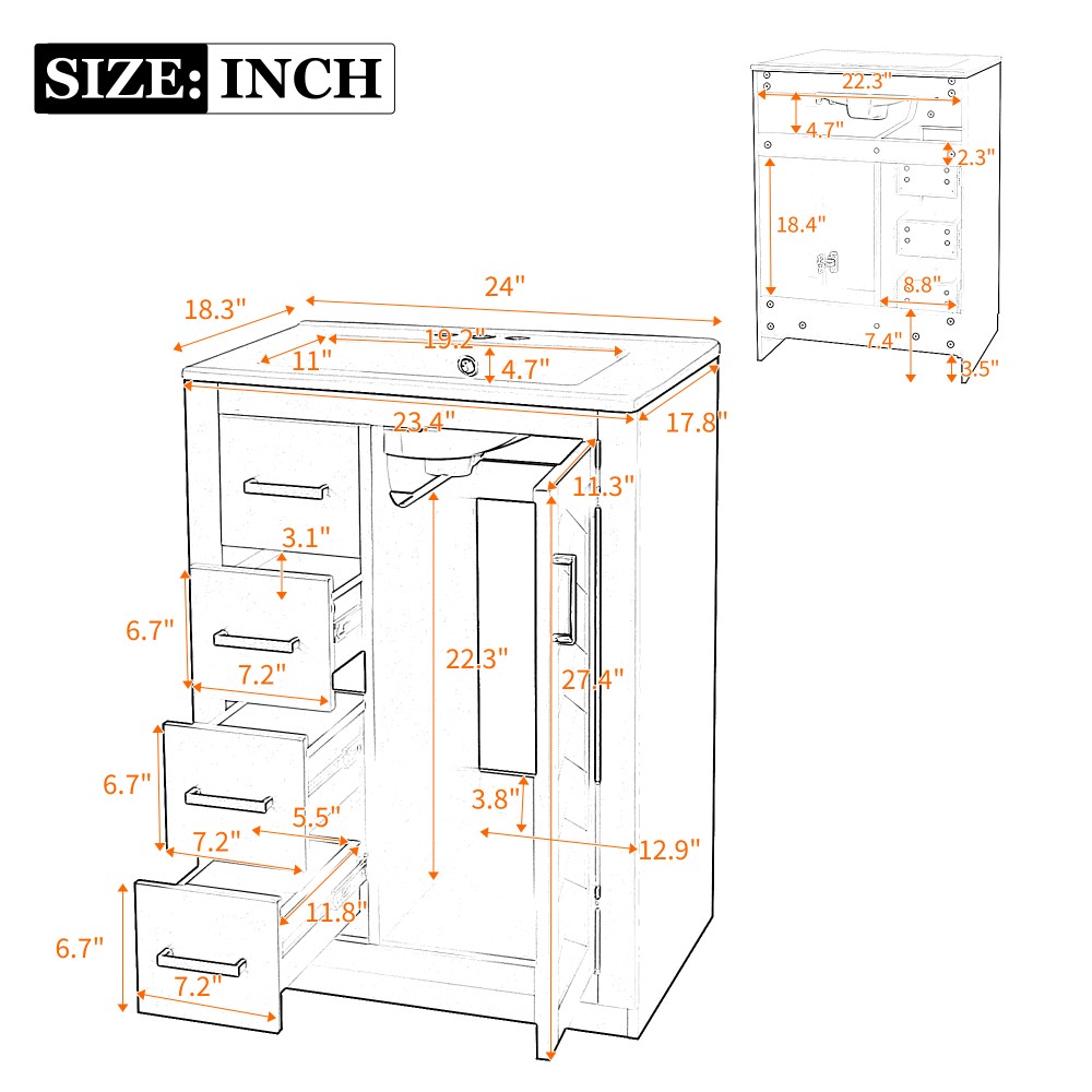 24 Inch Single Sink Bathroom Vanity Ceramic Top Drawers Storage Cabinet