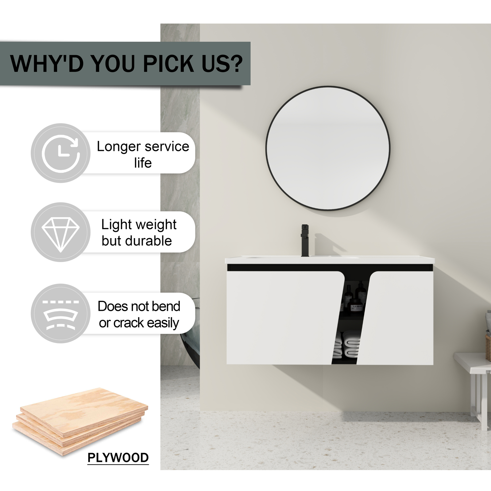 40 Inch Bathroom Vanity Wall Mounted Cabinet W/ Undermount Ceramic Sink White US