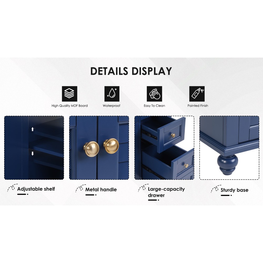 36″ Blue Bathroom Vanity with Ceramic Sink, Soft-Close Drawers, Solid Wood Frame
