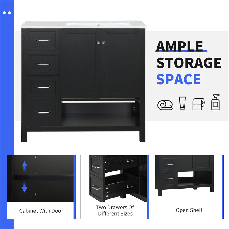 36″ Black Bathroom Vanity with Sink Top,Vanity Cabinet with 2 Doors & 2 Drawers
