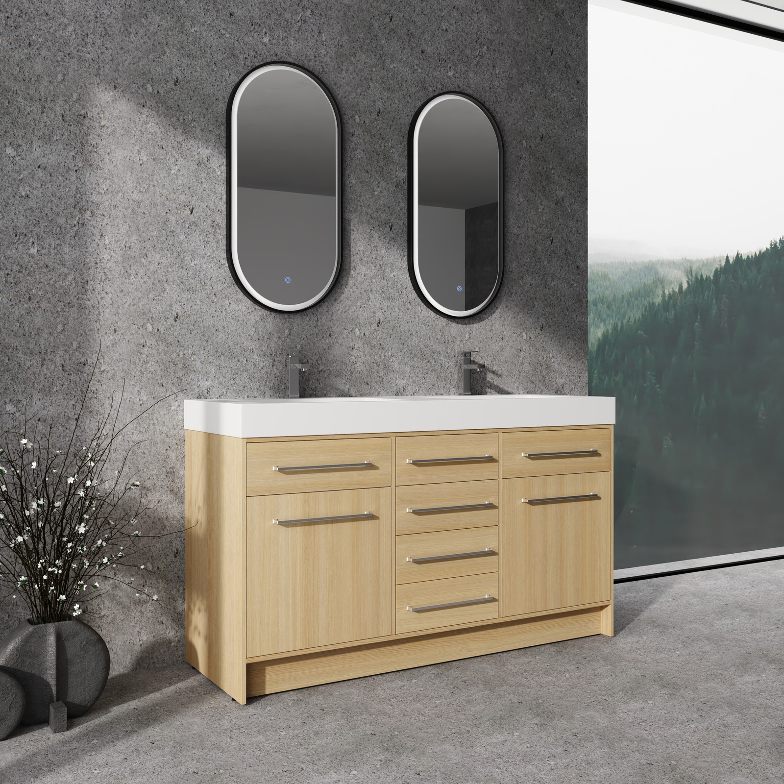 60 in Plywood Bathroom Vanity Freestanding W/Double Resin Sink +2 Doors 6Drawers