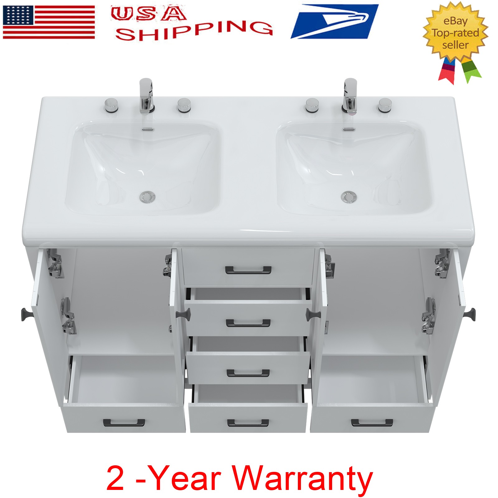 Bathroom Vanity Double Sink Ceramic Freestanding Storage Cabinet Drawers White