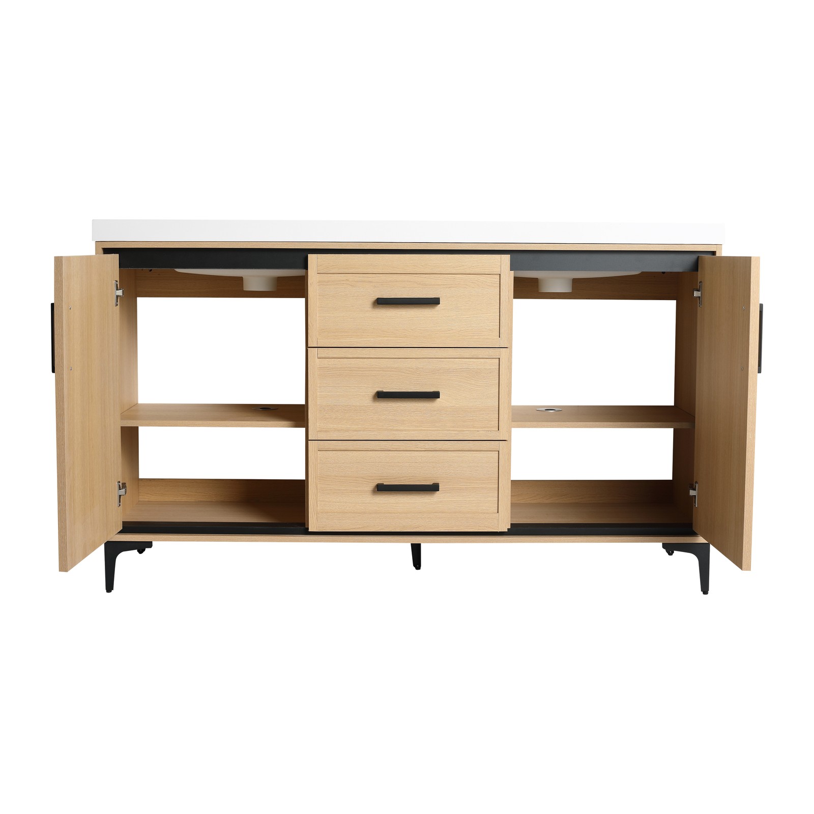 60 in Plywood Bathroom Vanity Freestanding W/Double Resin Sink +2 Doors 3Drawers