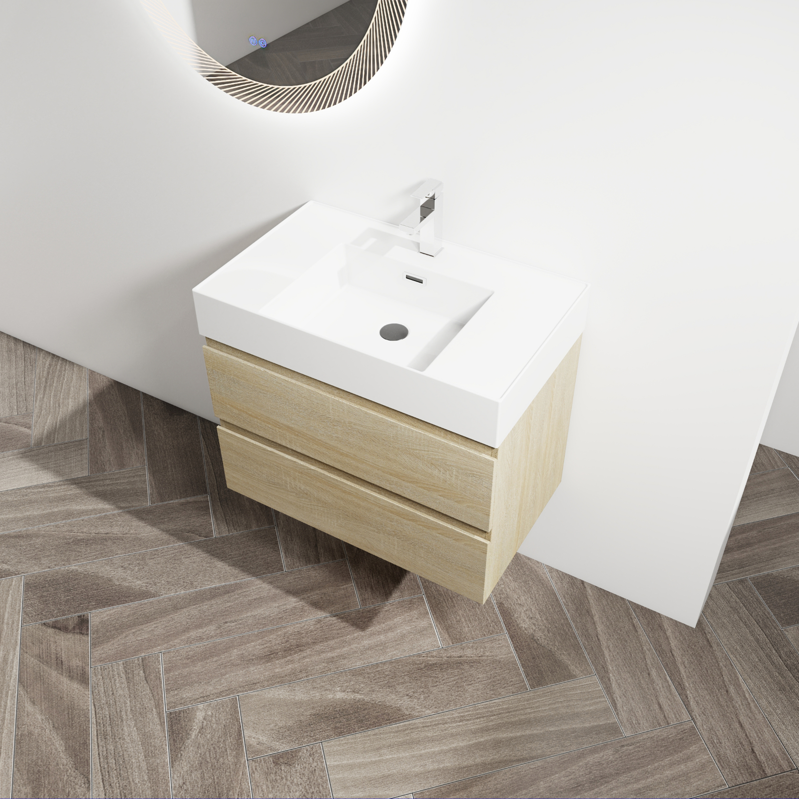 30″ Wood Wall-Mounted Bathroom Vanity Cabinet W/ Resin Sink 2 Drawers Light Oak