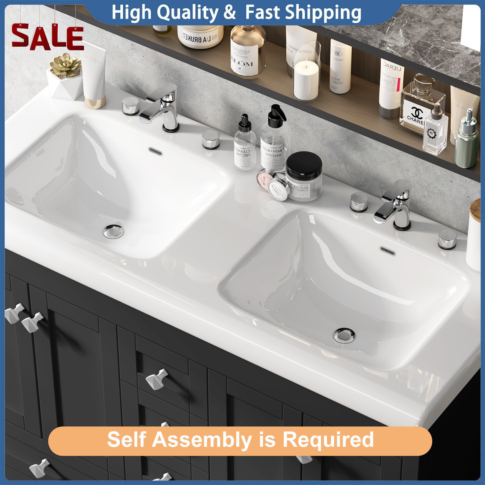 Bathroom Vanity Freestanding Double Basin Ceramic Sink Vanity Cabinet w/ Drawers