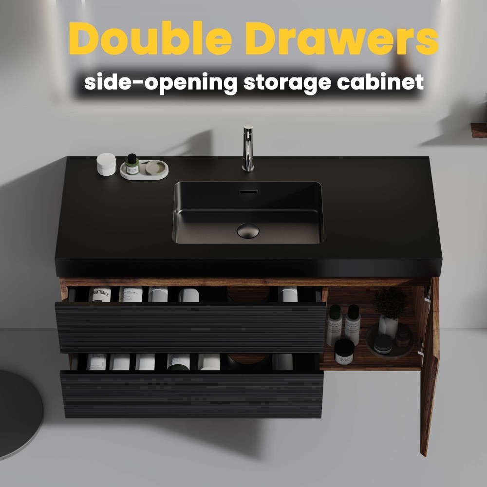48″ Walnut Bathroom Vanity with Matt Black Engineered Quartz Sink and Soft Black