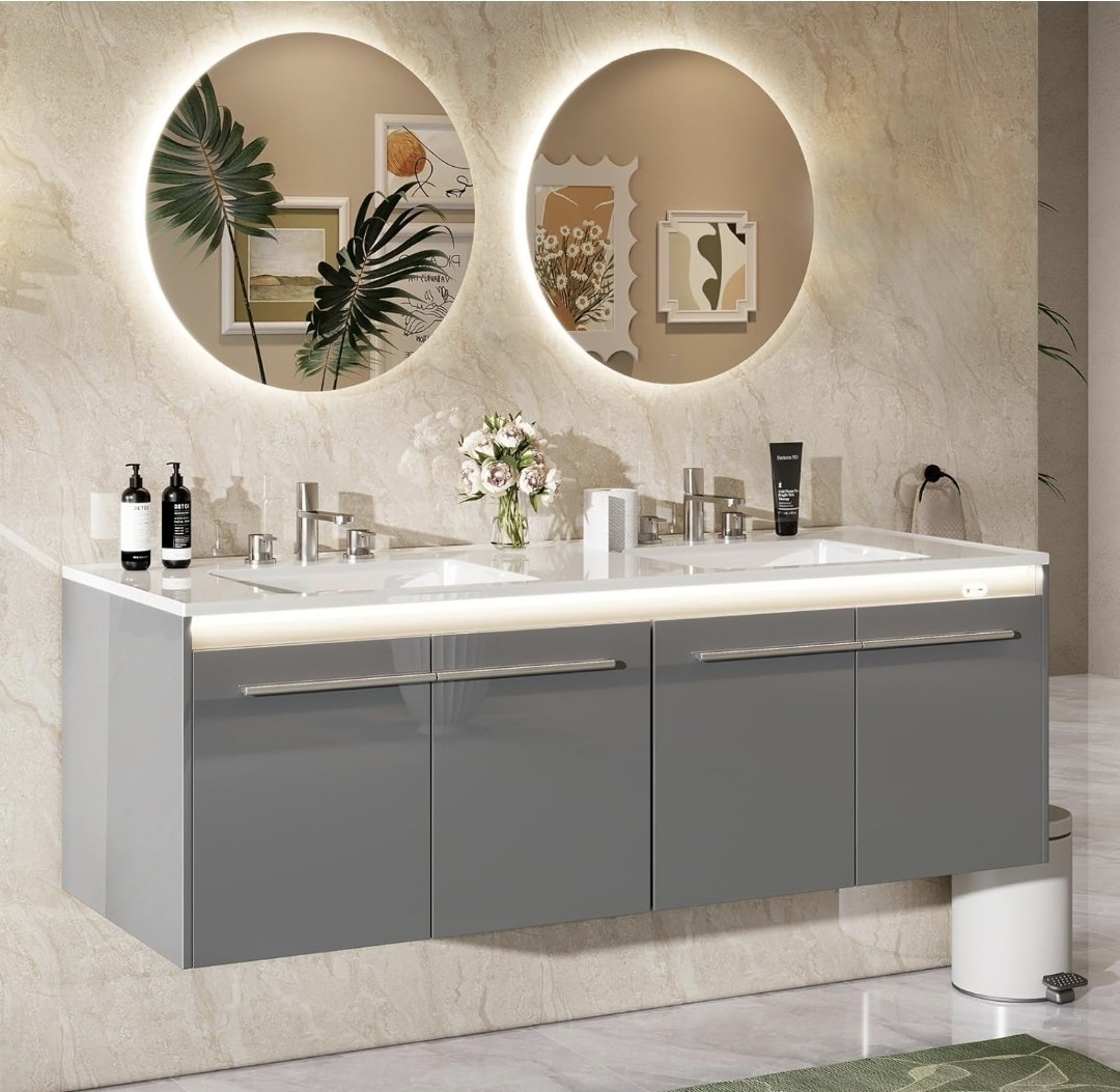 AMERLIFE Double Sink Bathroom Vanity, 60.6″ Wall Mounted, Gray, Storage Cupboard