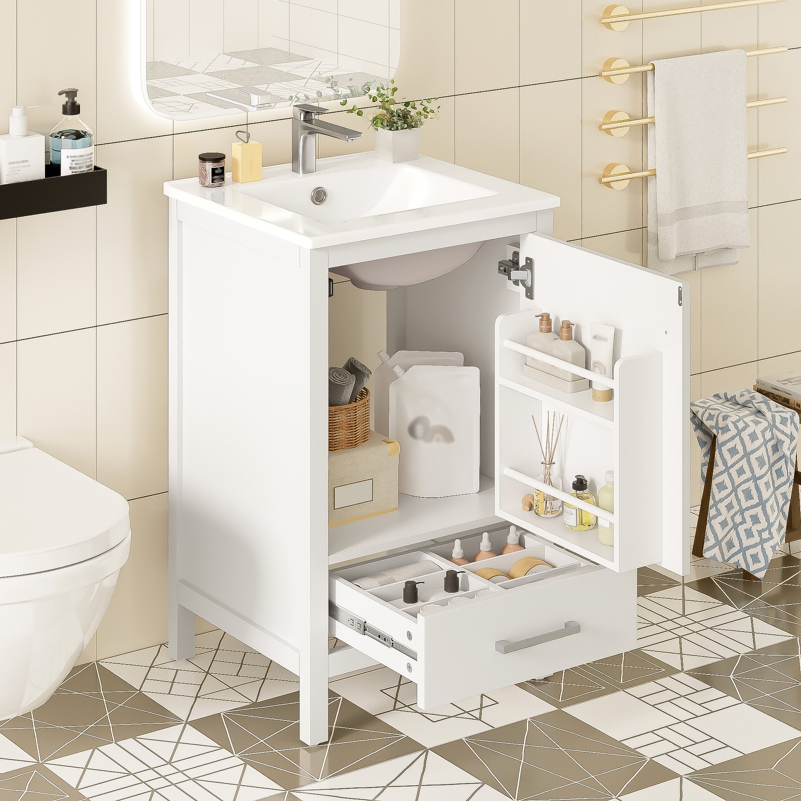 20-Inch Modern Bathroom Vanity with Ceramic Sink & Soft-Close Drawer