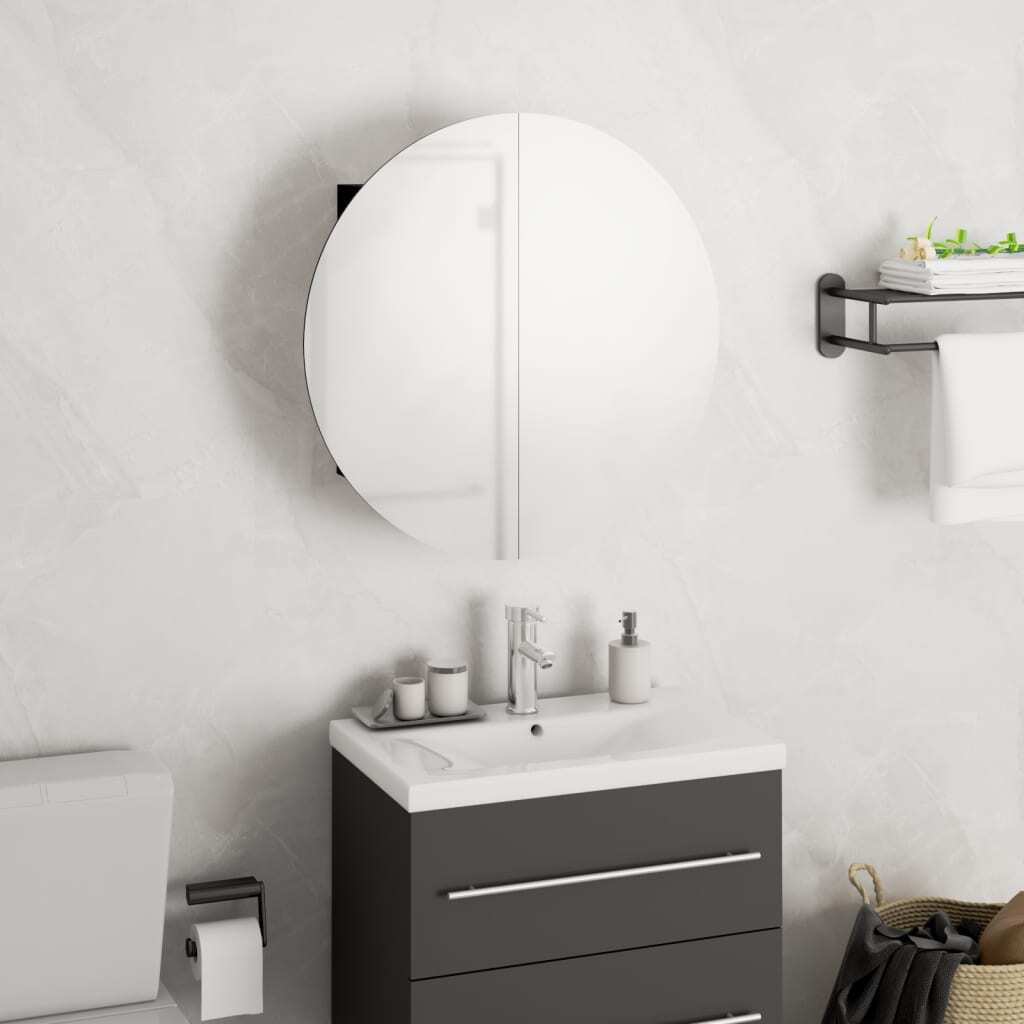 Bathroom Cabinet with Round Mirror&LED Black 15.7″x15.7″x6.9″