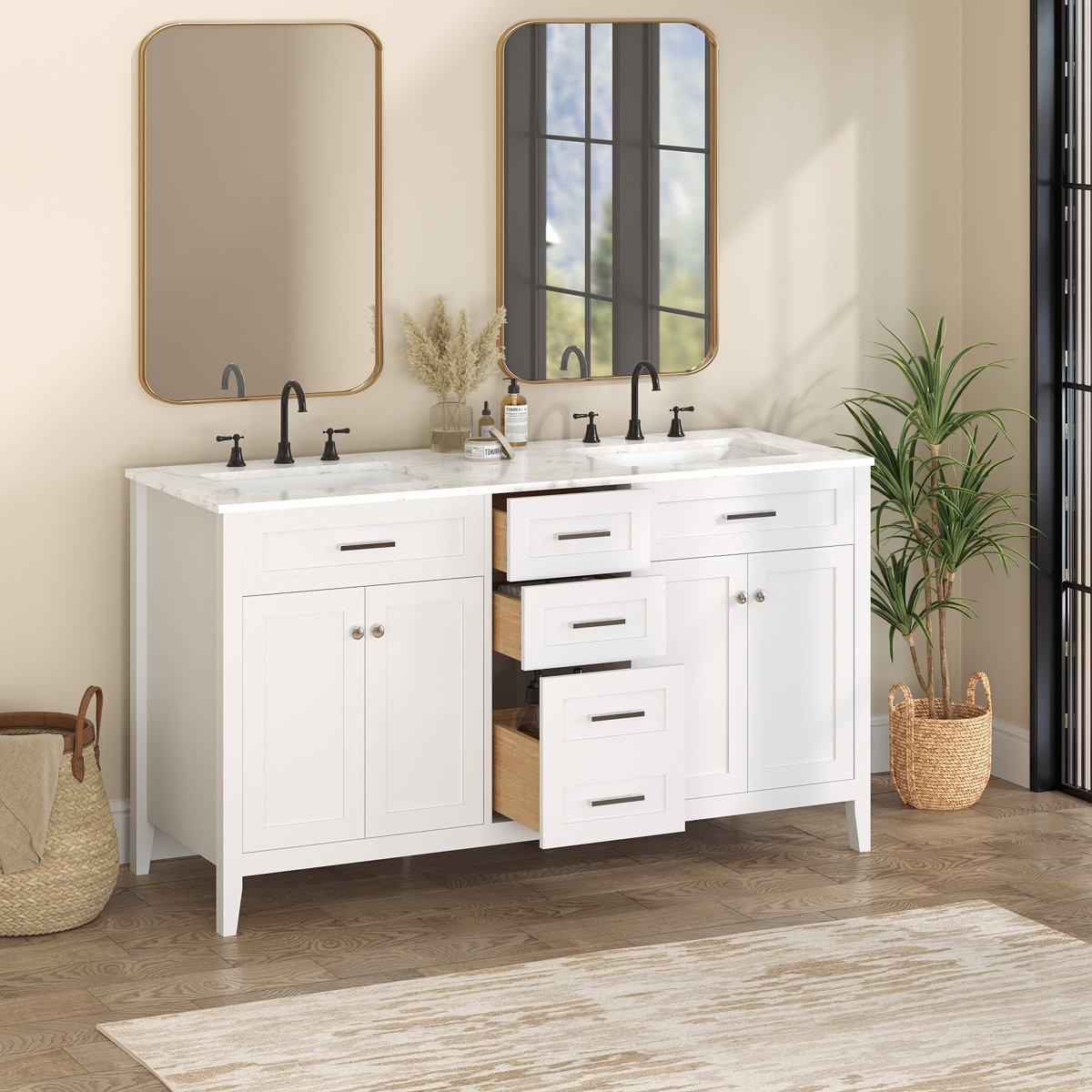 60″ Double Sink Bathroom Vanity w/ Ceramic Top Modern Wood Cabinet 3-Drawer