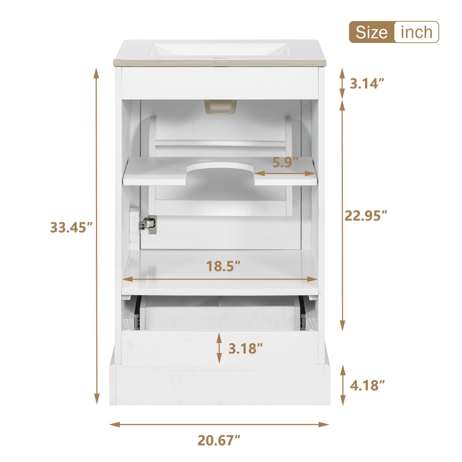 20″ Bathroom Vanity with Ceramic Sink, Soft Close Door, White