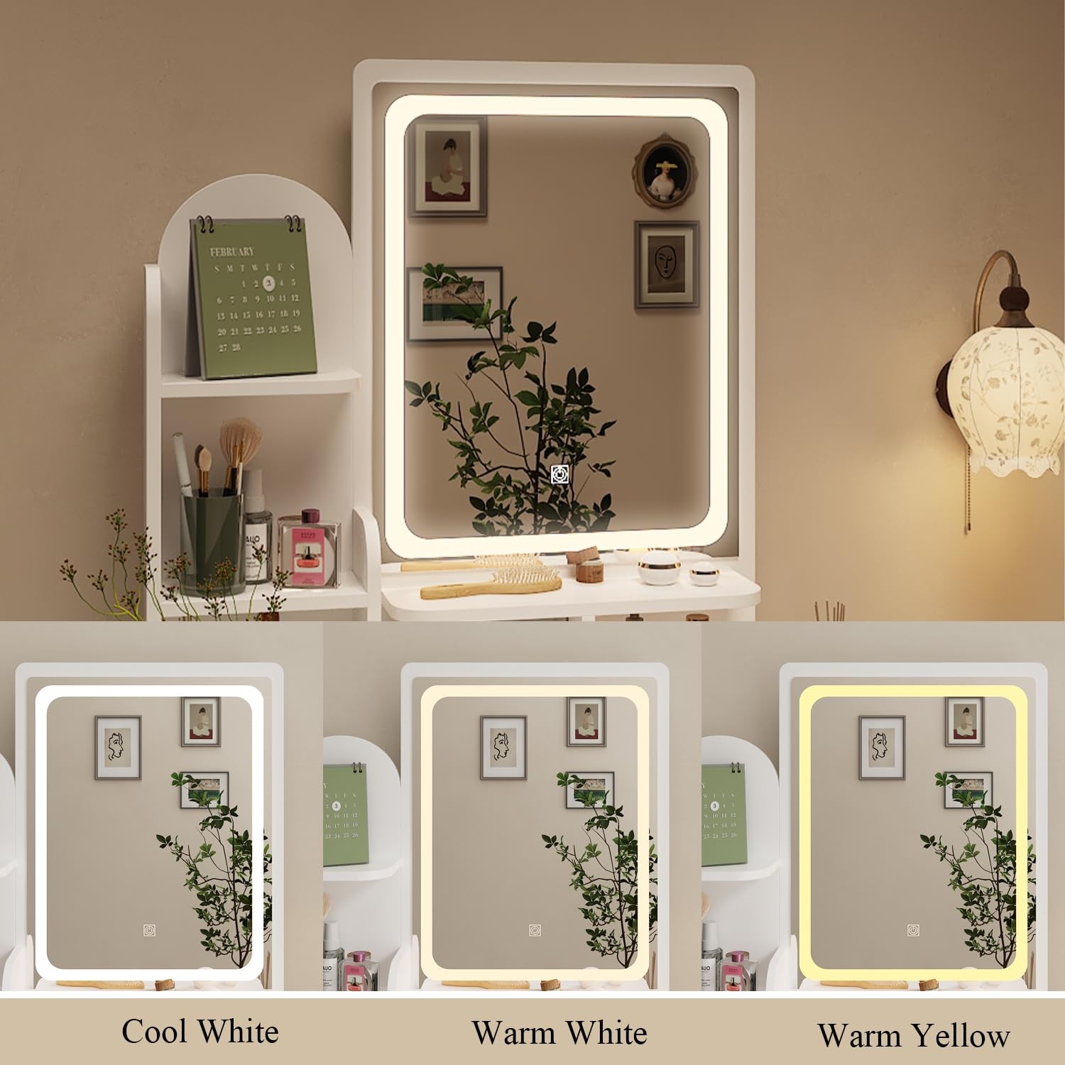 Vanity Set LED Mirror Outlet 5 Drawers Shelves Cushioned Stool Bedroom White