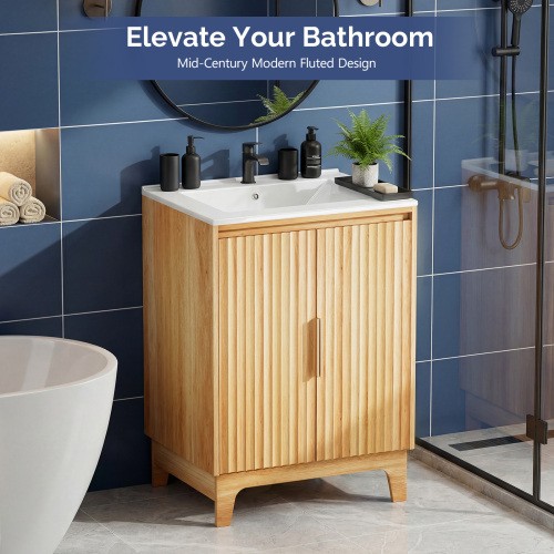 24″ Bathroom Fluted Vanity Cabinet with Sink with Ceramic Basin Bath Organizer