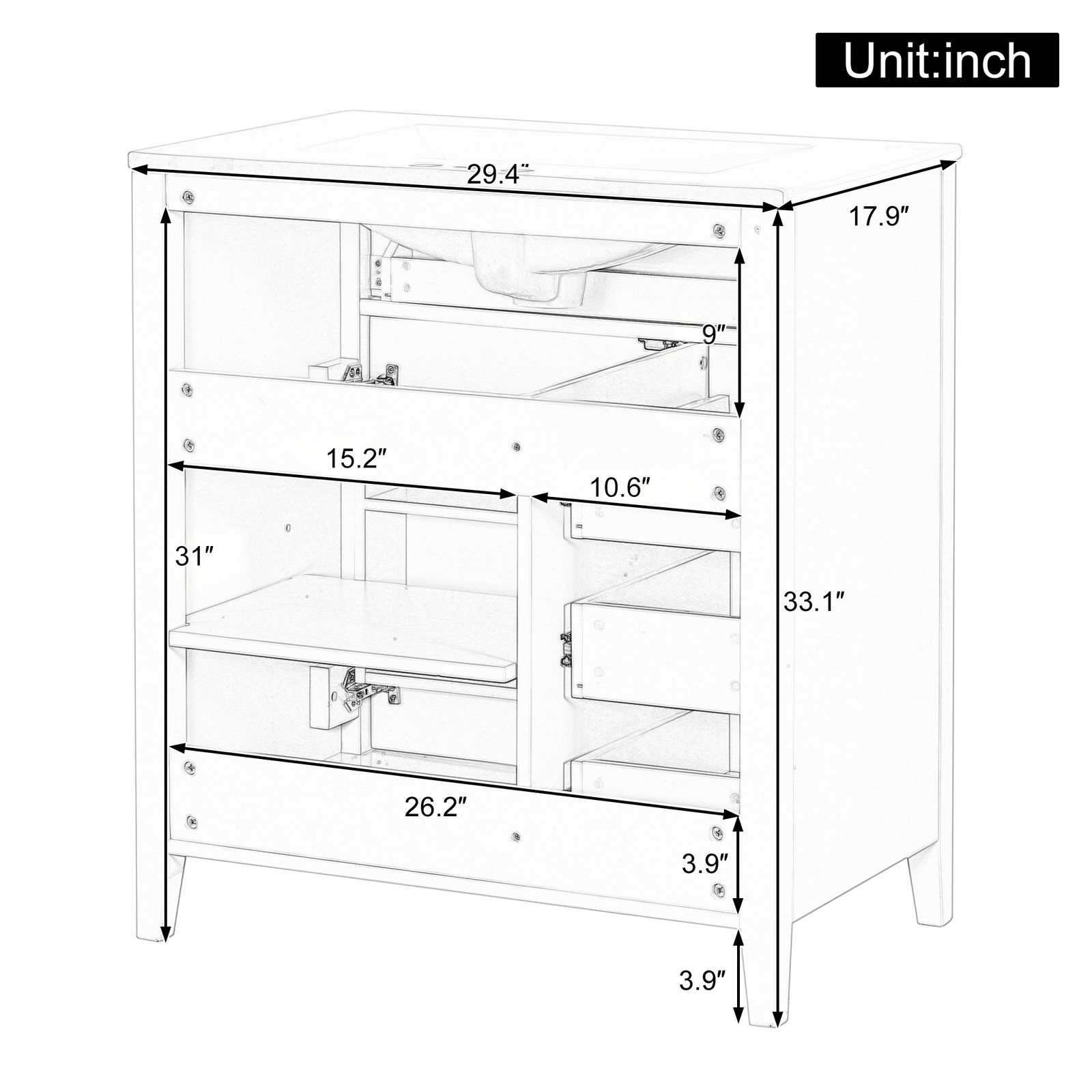 30″ Blue Gray Bathroom Vanity with Sink, 3 Drawers & Cabinet