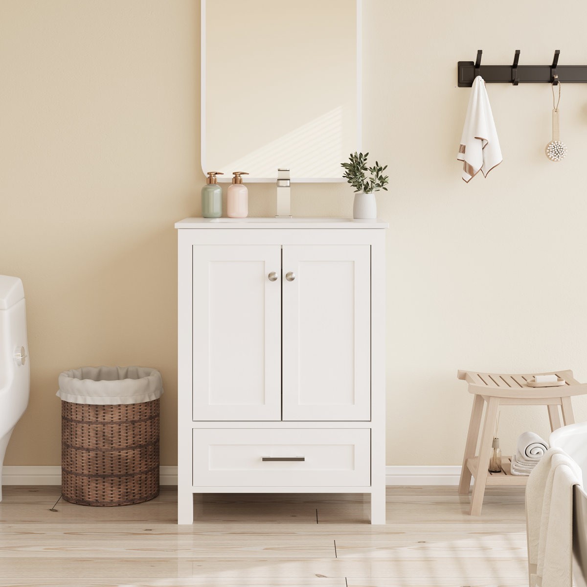 24″ Single Bathroom Vanity with Sink Ceramic Top Modern White Cabinet Drawers