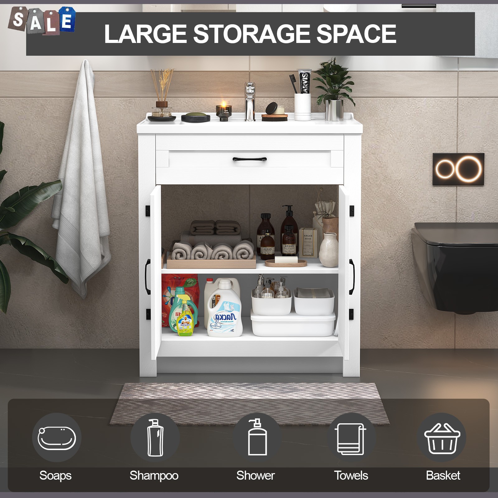 31″ Bathroom Vanity Freestanding Ceramic Sink Cabinet with Storage and Drawer