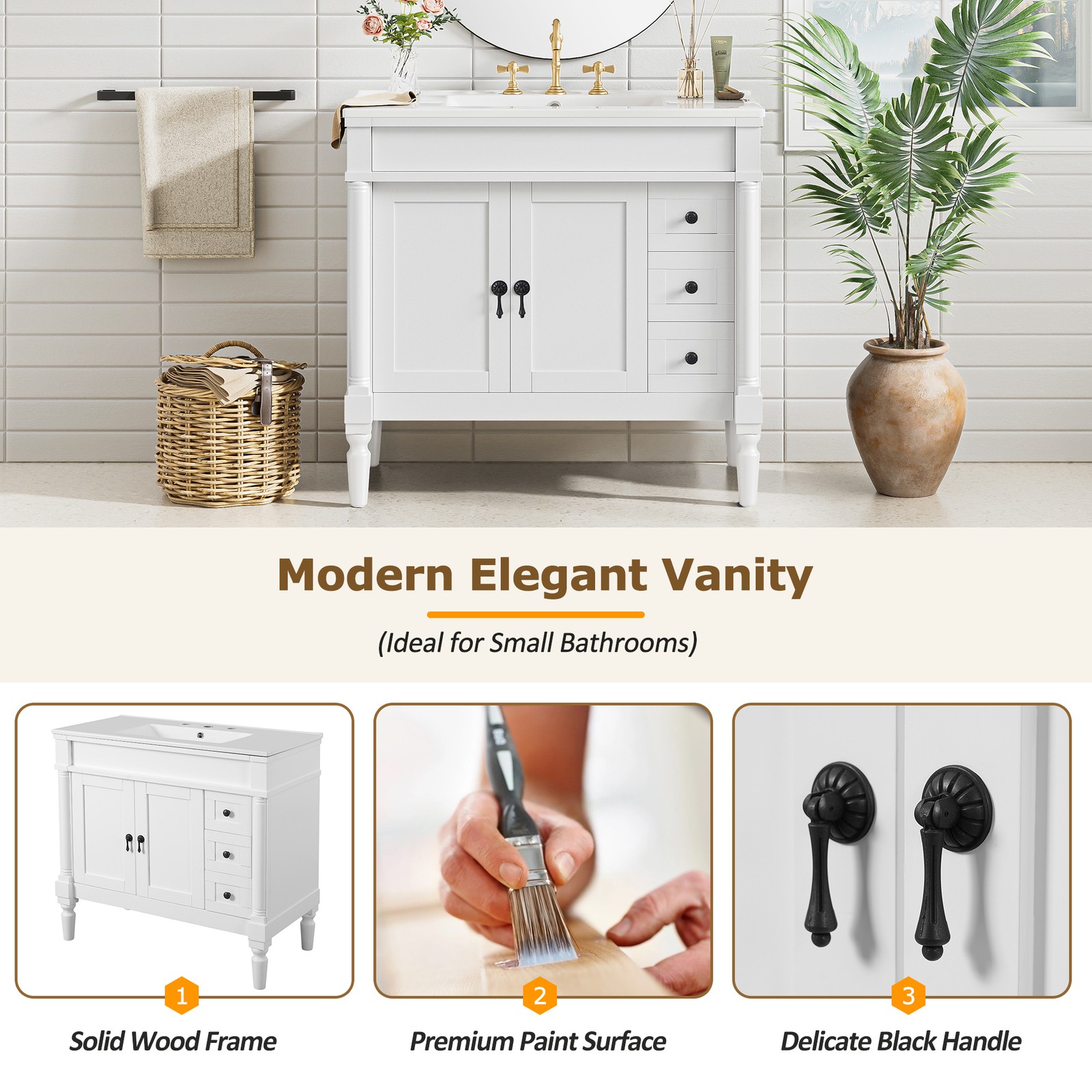36″ Bathroom Vanity w/Two Soft Close Doors & 3 Drawers Bathroom Storage Cabinet