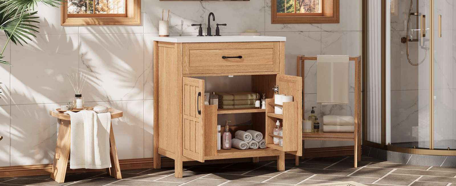 30″ Bathroom Vanity with Resin Sink, Modern Wood Frame Bathroom Sink Cabinet
