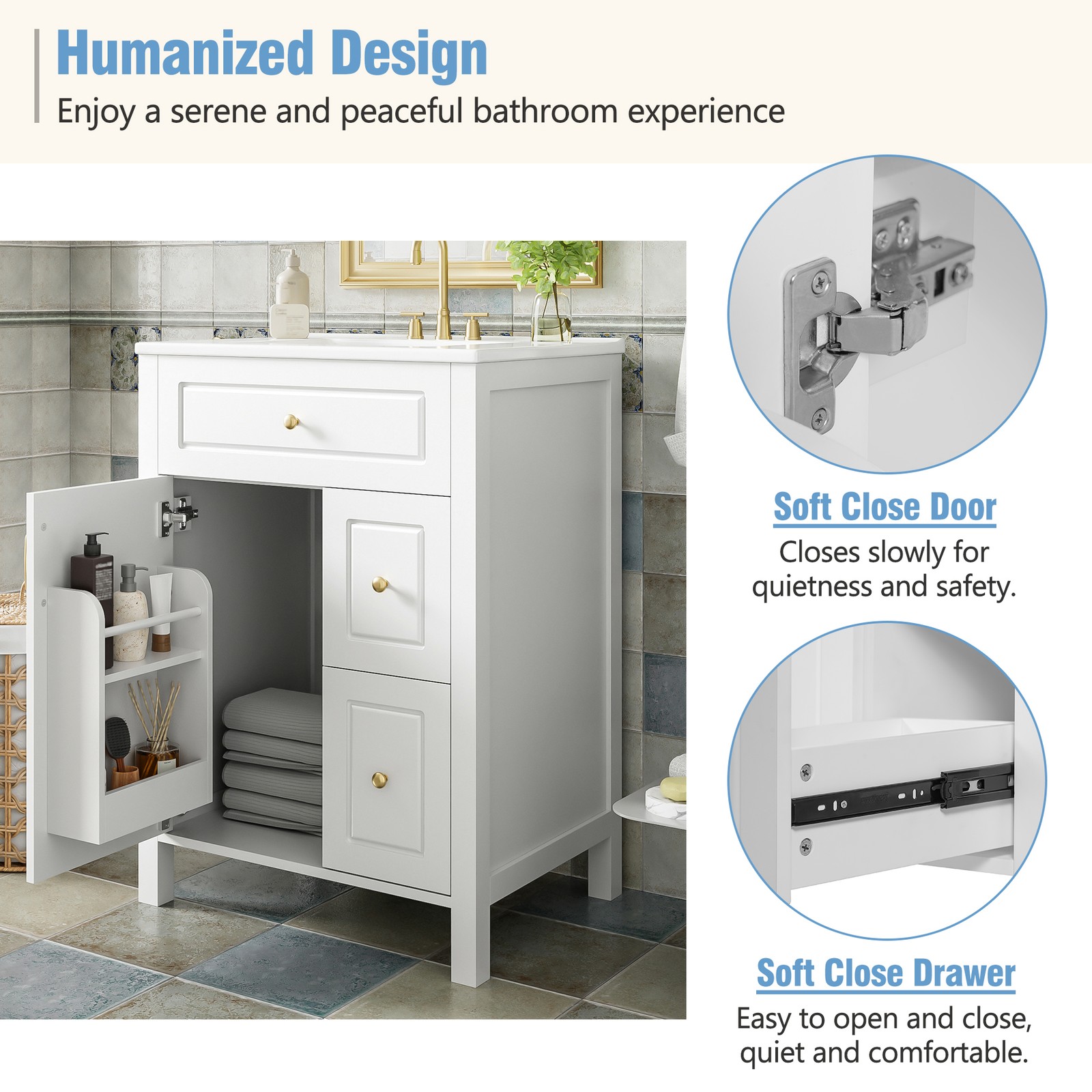 24Inch Bathroom Vanity Modern Bathroom Storage Cabinet with Ceramic Sink White