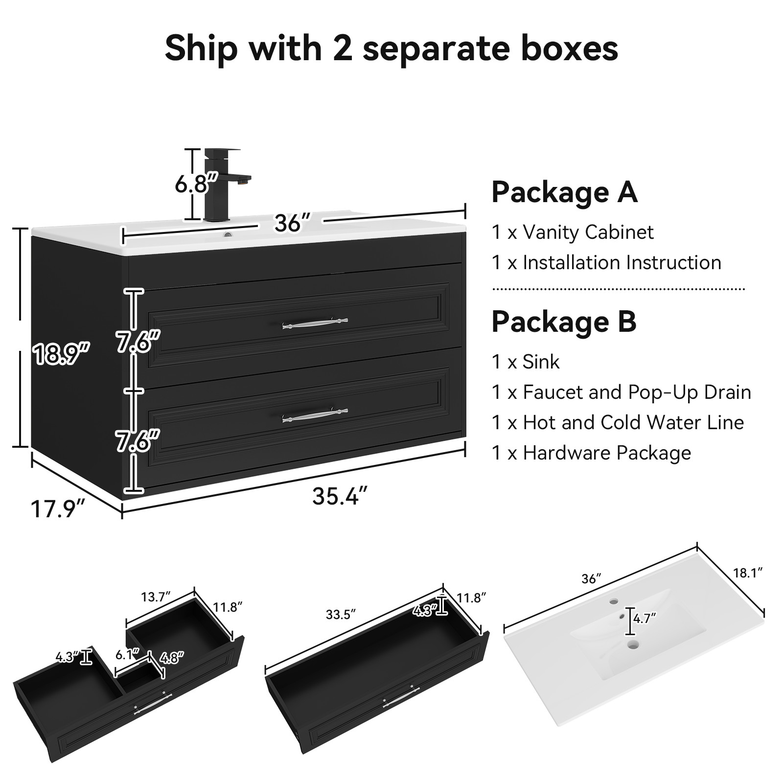 36″ Black Wall Mounted Floating Vanity with Sink Soft Close Bathroom Cabinet