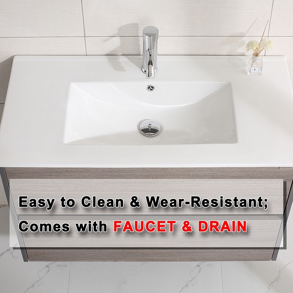 Wall-mount 36″ Bathroom Vanity Wood Cabinet w/ Resin Basin Sink & Mirror Combo