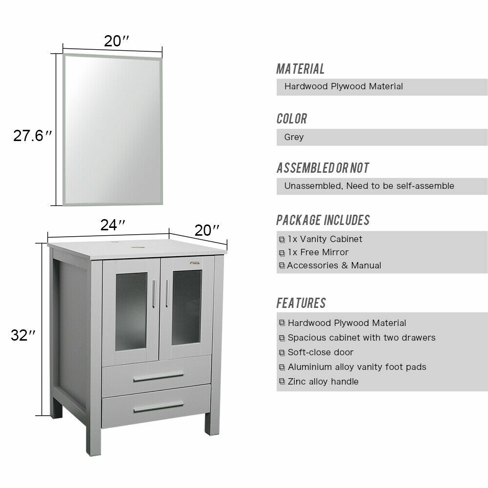 36″ Bathroom Vanity Set Side Cabinet Vessel Glass/Ceramic Sink Gray No Mirror