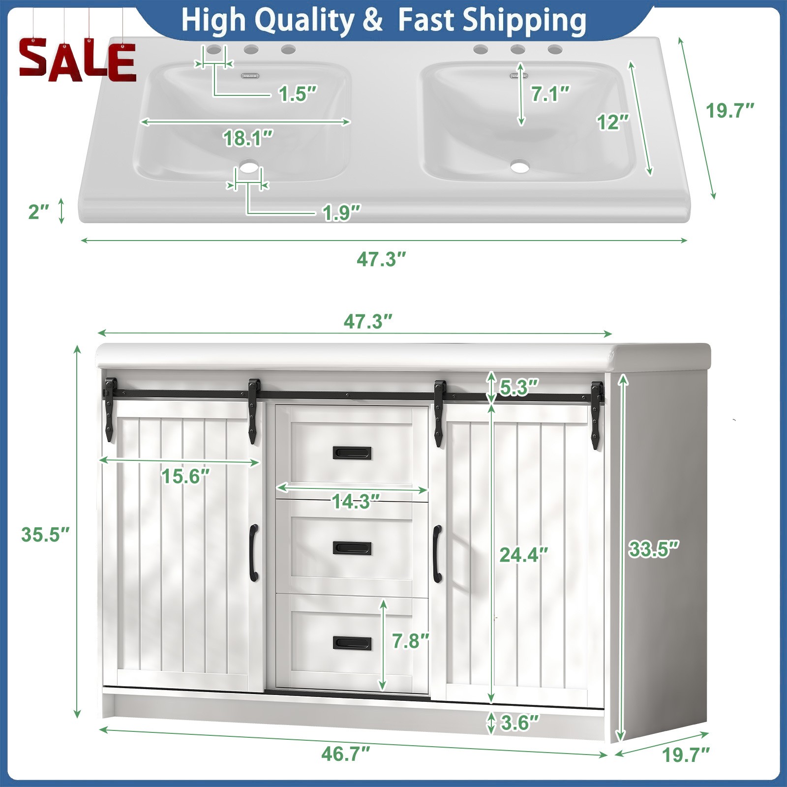 47″ Bathroom Vanity Cabinet with Double Sink Freestanding Storage Cabinet