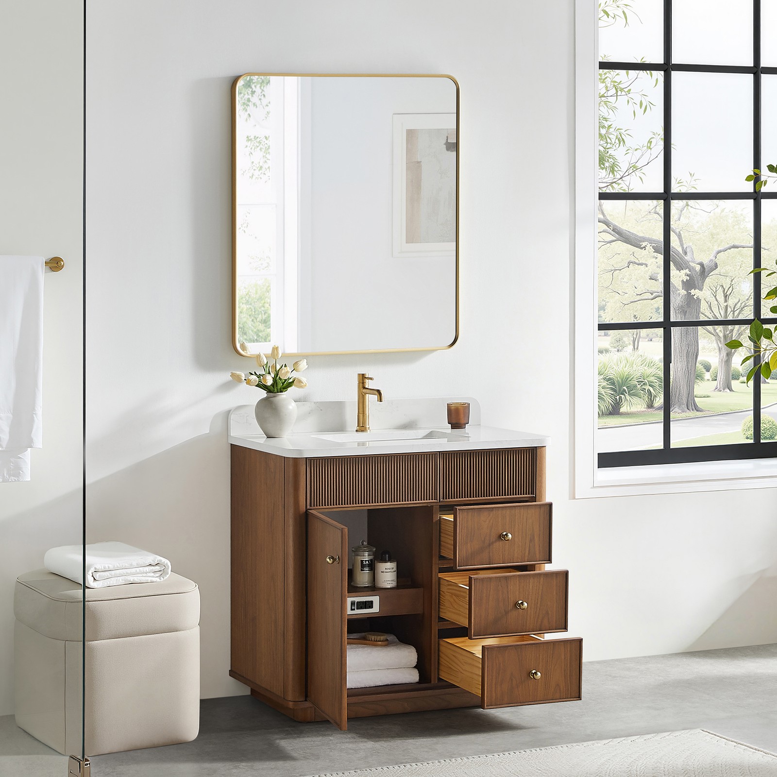 Zogno 36″ Single Sink Bath Vanity in Natural Walnut with White Grain Stone Top