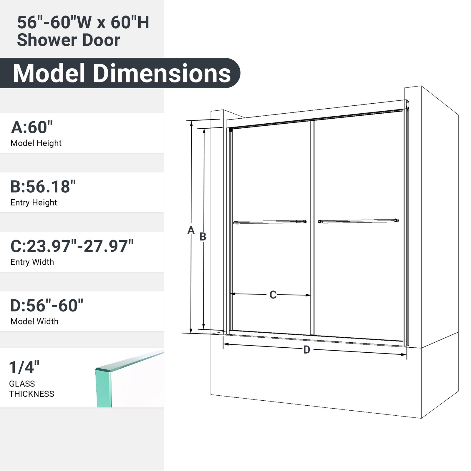 56″-60″W*60″ H Semi-Frameless Double Sliding Shower Door, Bypass Shower Door