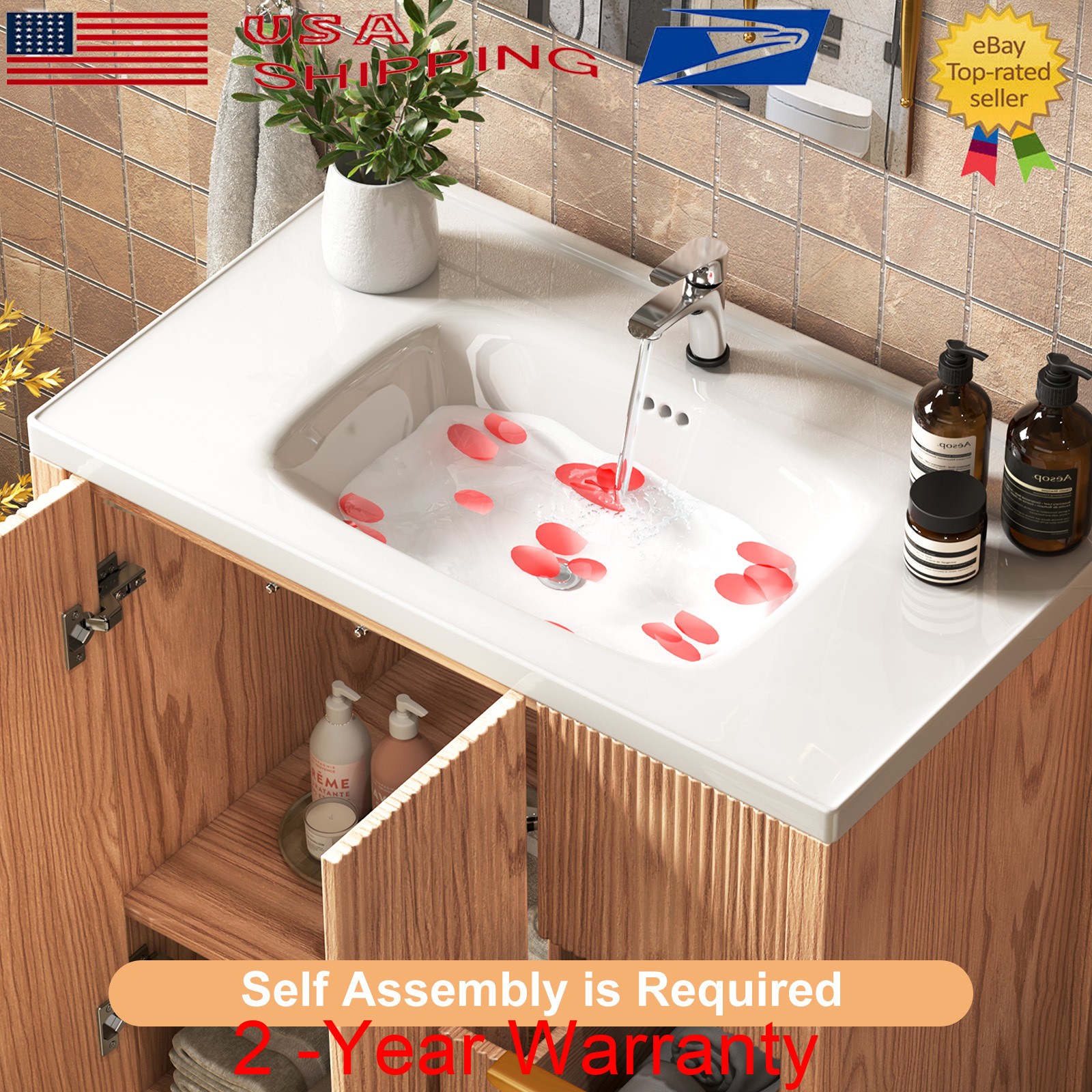 Wood Bathroom Vanity Cabinet w/ Ceramic Sink Storage Bathroom Cabinet w/ Drawer