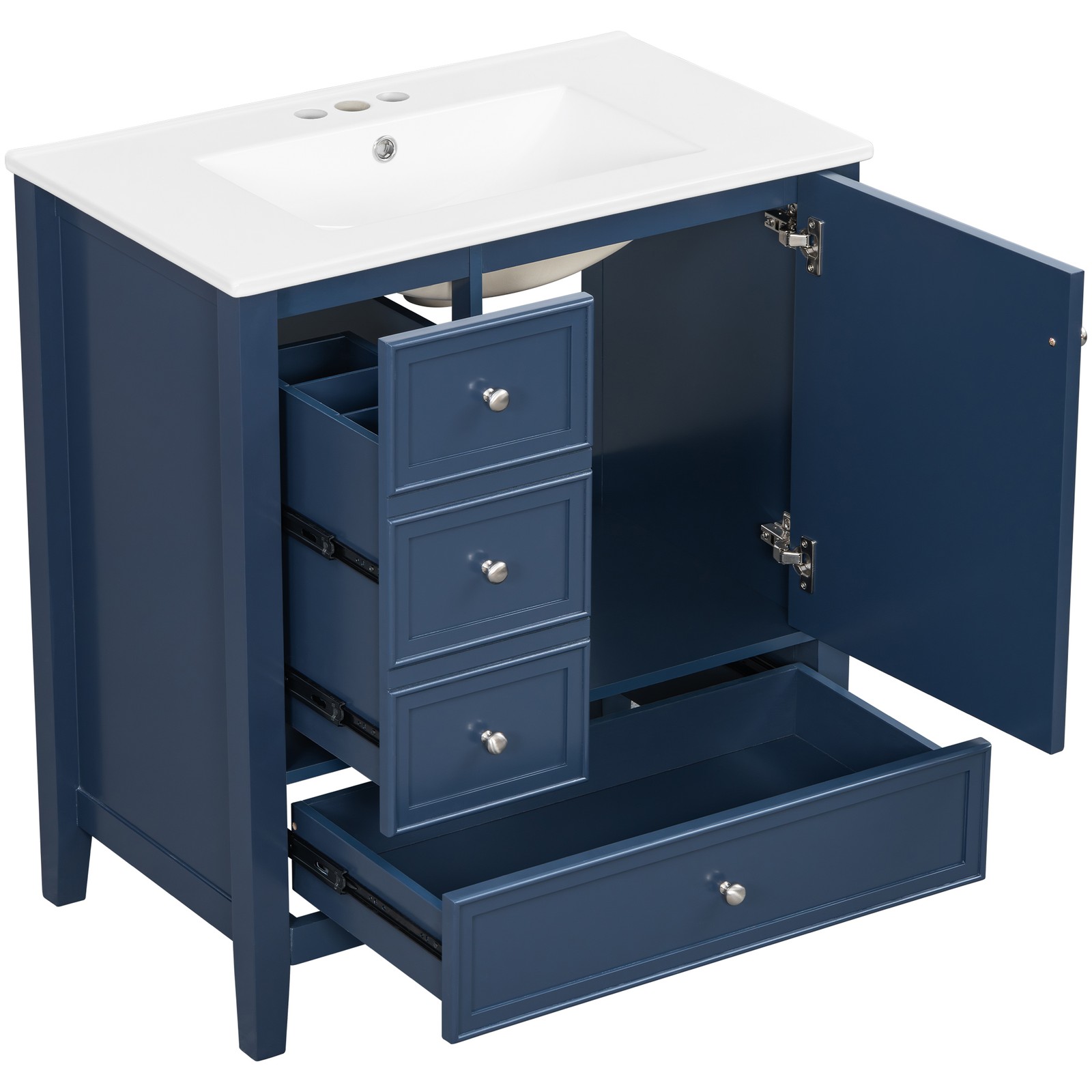 30″ Blue Bathroom Vanity with Sink, 1 Cabinet & 3 Drawers, Solid Wood & MDF
