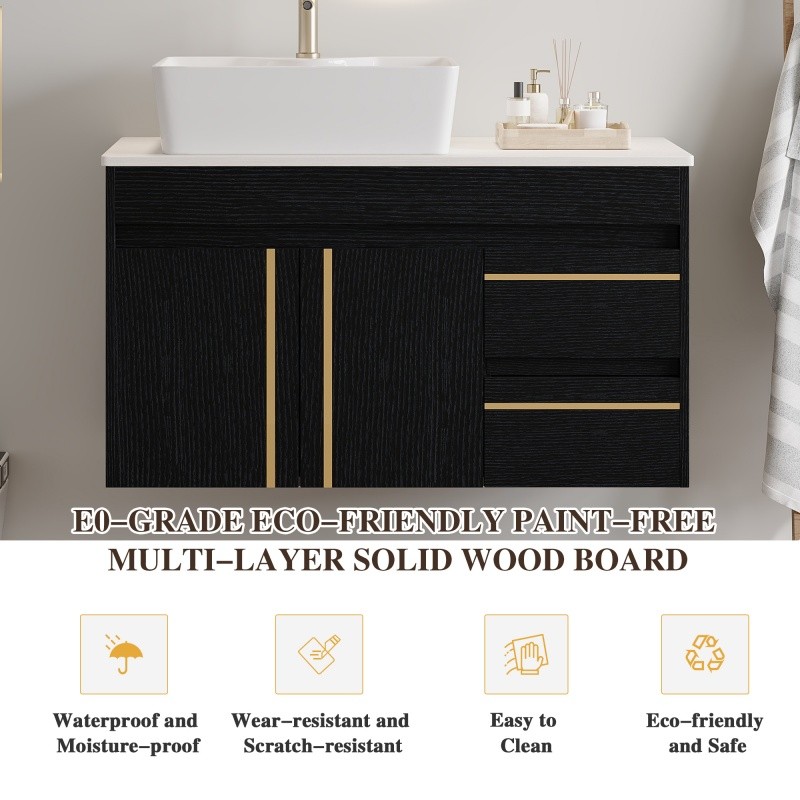 36″ Wall-Mounted Bathroom Vanity w/Vessel Ceramic Sink,Soft-Close Door & Drawers