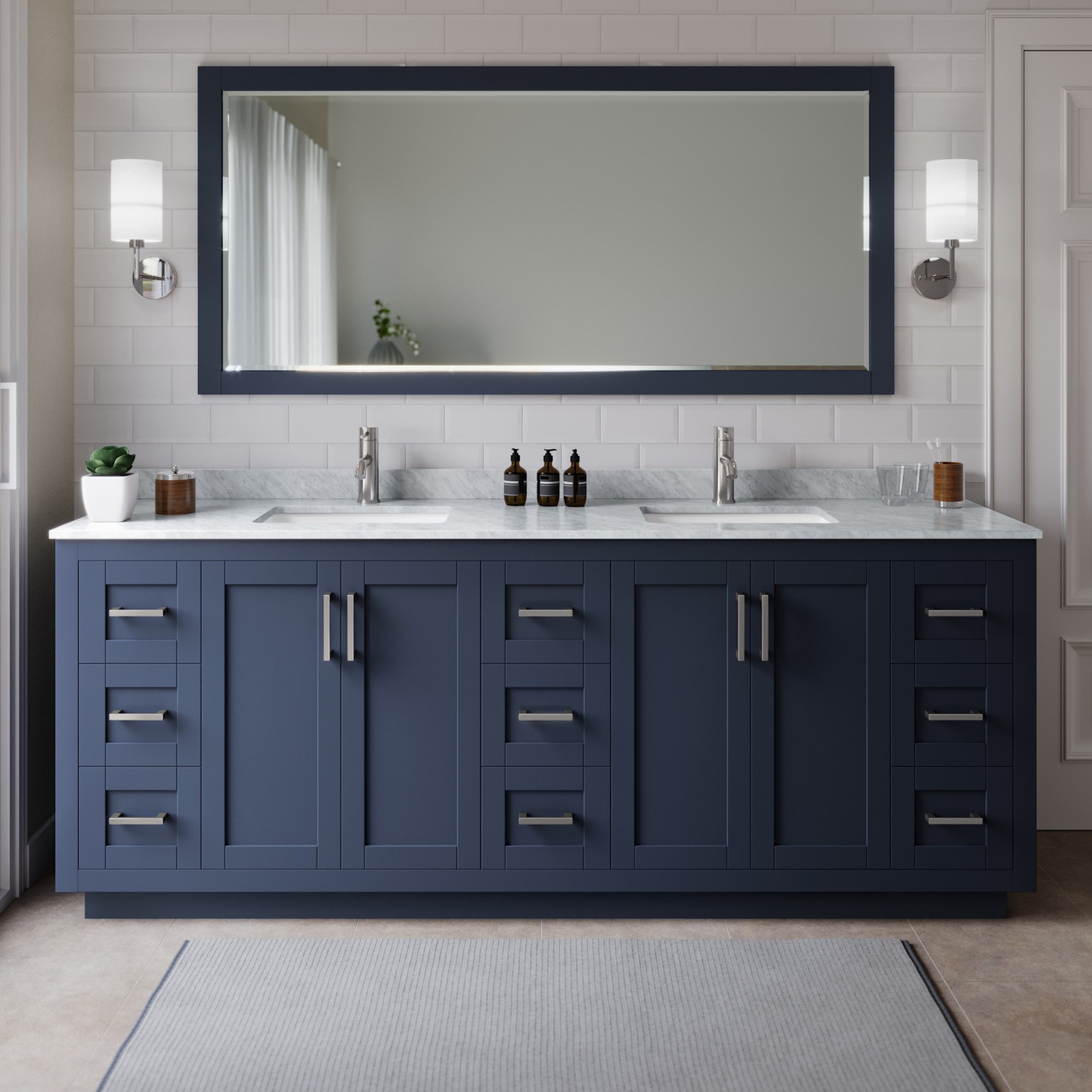 Wyndham Collection WCF2929-84D-NAT-M70 Miranda 84″ – Dark Blue / White Carrara