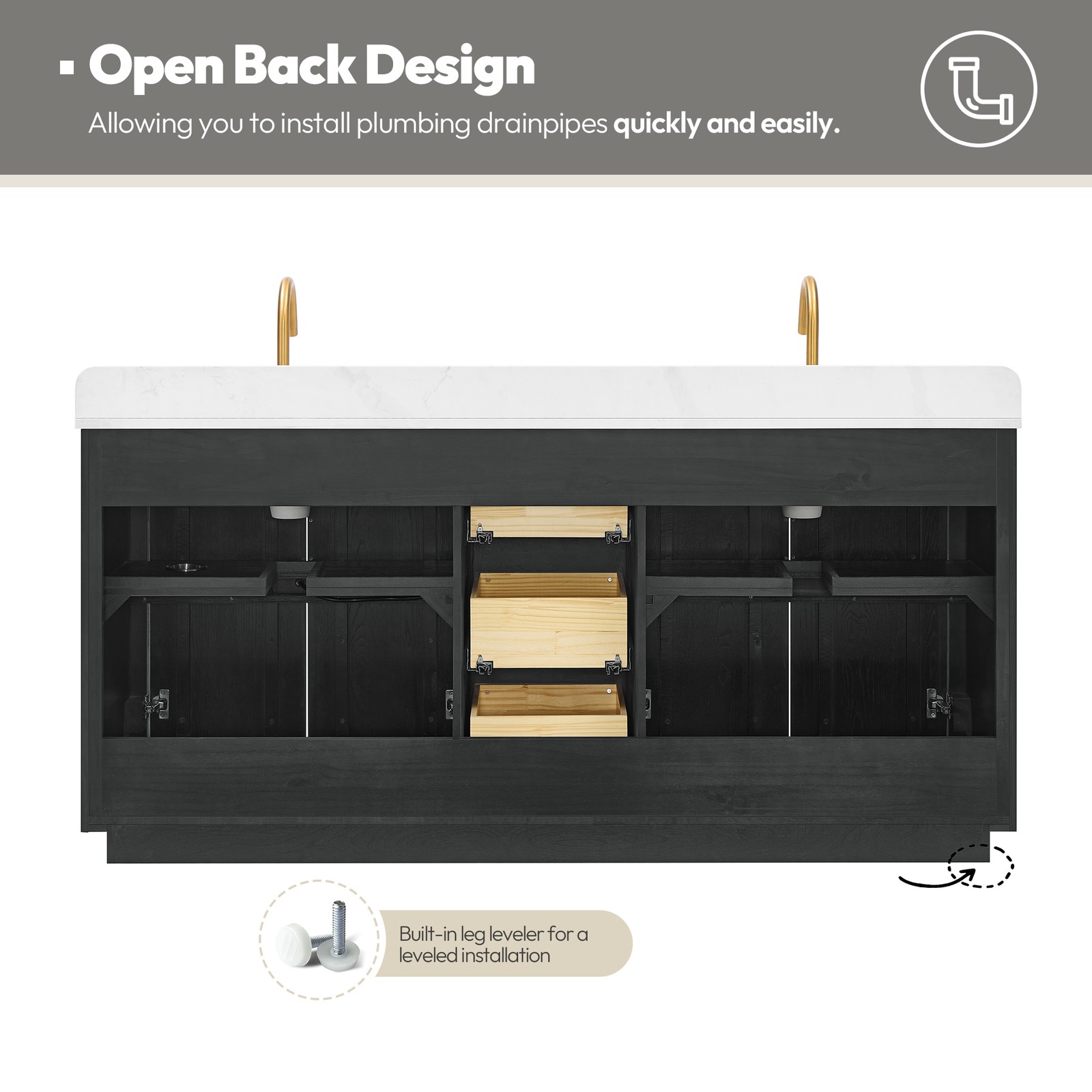 Busan 72″ Double Bath Vanity in Oak Classic Black with White Quartz Stone Top