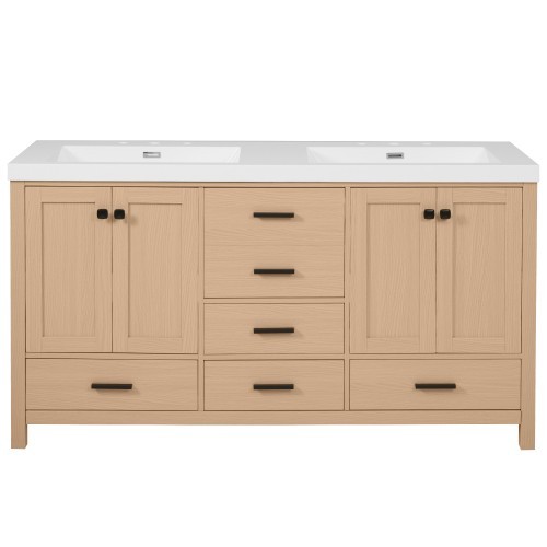 59.3″ Modern Bathroom Vanity w/4 Doors & 3 Drawers, Hidden Drawer Slides Wood