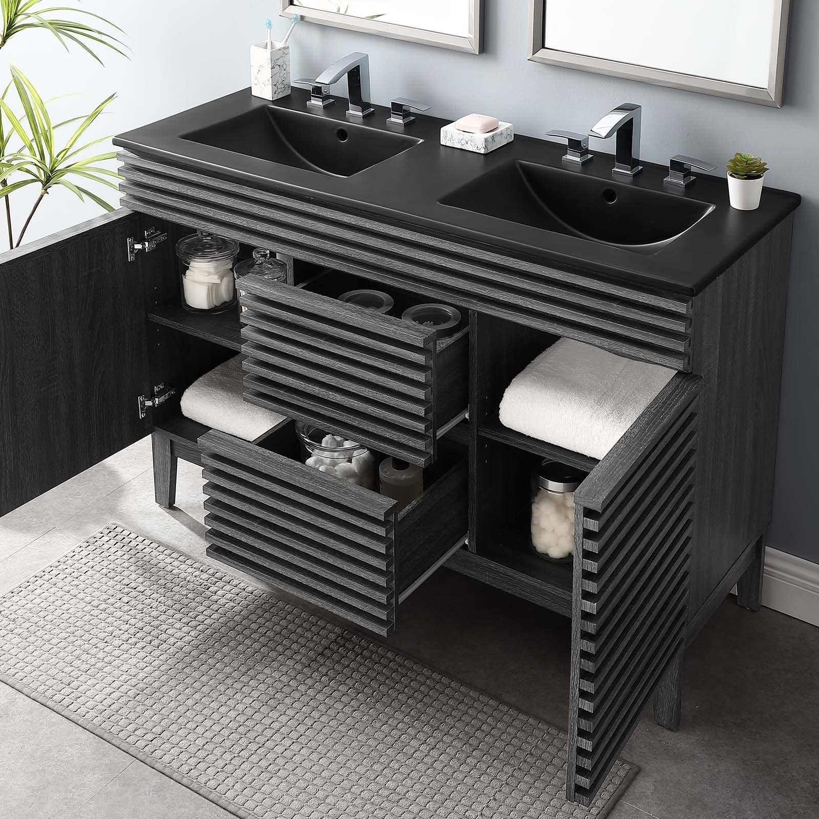 Modway Render 47.5″ MDF Wood Double Sink Bathroom Vanity in Charcoal/Black
