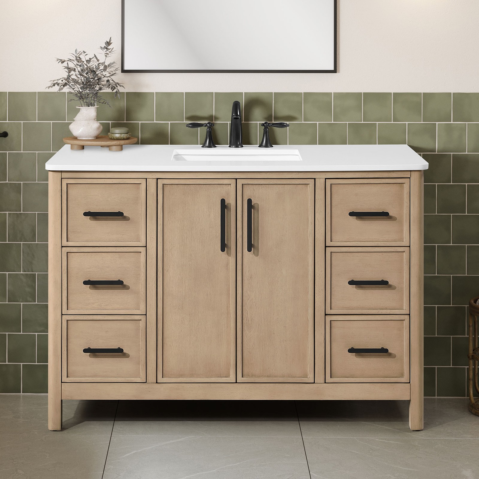 Solas 48″ Bathroom Vanity in Sahara Birch with White Countertop